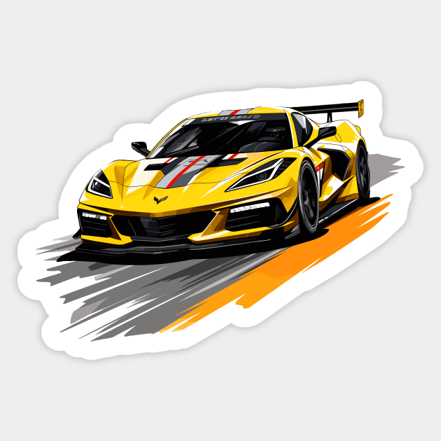 Accelerate Yellow C8 Corvette Supercar racecar on a race track Sports car Racing car Sticker by Tees 4 Thee